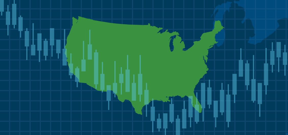 An illustration of United States in green on a blue stock market chart.