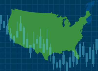 An illustration of United States in green on a blue stock market chart.