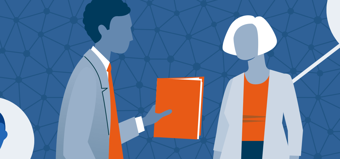 illustration of man holding book and talk to woman on blue background