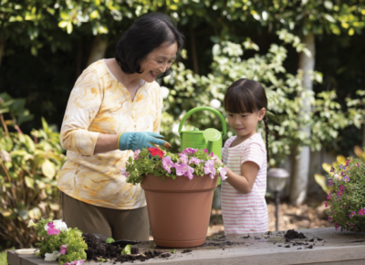 A child helping an elderly woman with watering the plant.